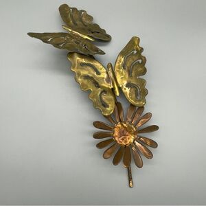 Brass Butterflies Copper Flower  Metal Art Mid Century Wall Decor Vintage